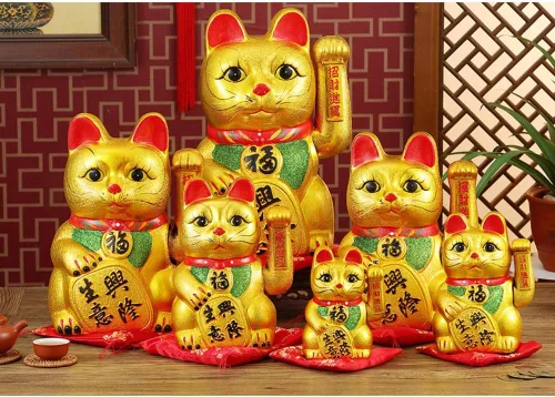 Vista 2 de FANCYPUMPKIN Gato de la suerte de 9" Maneki Neko de porcelana con brazo agitador