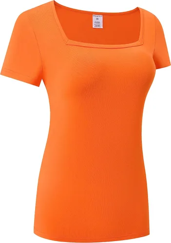 Vista 3 de OThread & Co. Camiseta de manga corta para mujer, cómoda, cuello cuadrado, capa elástica básica