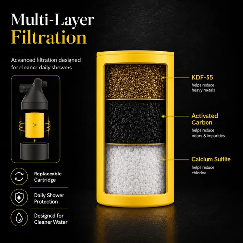 Vista 4 de Filtro de ducha Afina para agua dura - Elimina el 99% del cloro, sustancias nocivas y metales pesados - Mejora tu piel y cabello (Negro) Reduce