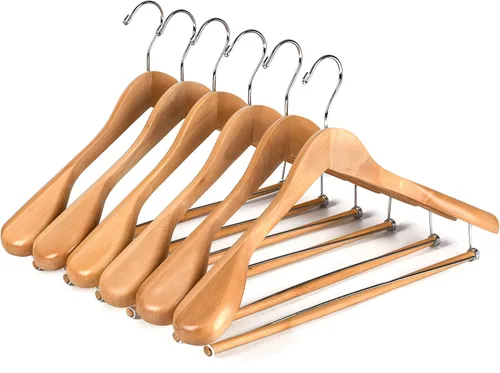 Vista 9 de Perchas de madera de lujo con hombros anchos, paquete de 2 unidades, con barra de bloqueo, acabado natural liso de madera para armario, soporta