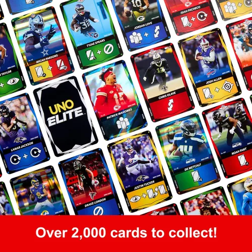 Vista 4 de Mattel Games UNO Elite - Juego de cartas de la NFL, edición central con licencia oficial 2024 con 4 tarjetas coleccionables de aluminio