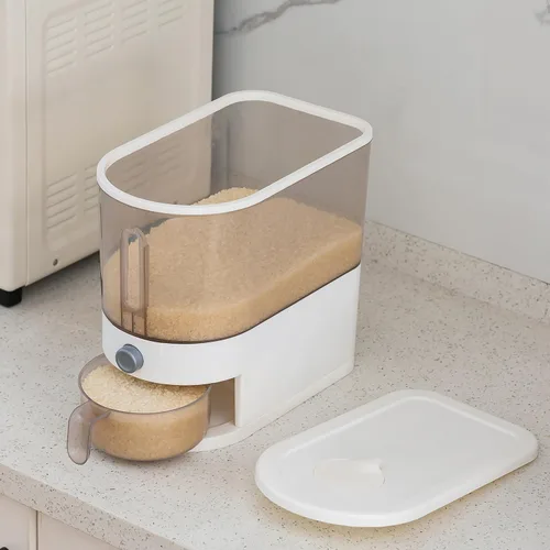 Vista 3 de Gagee Dispensador de arroz de 11 libras, gran contenedor de almacenamiento de granos con tapa, cilindro de medición a prueba de humedad, dispensador