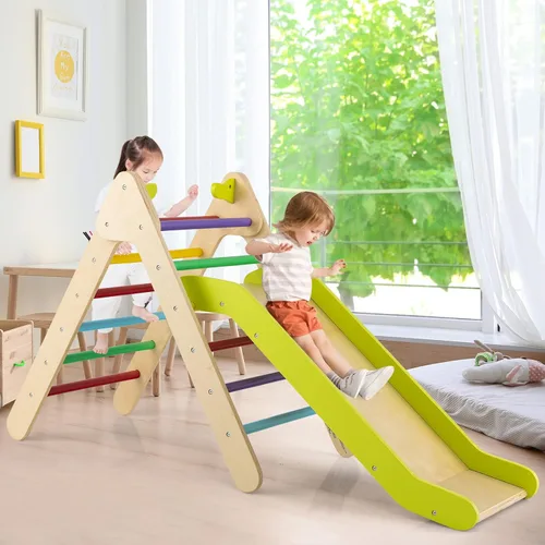 Vista 8 de HONEY JOY Escaladora triangular con rampa, escalera triangular para niños para guardería, gimnasio y parque infantil, juguetes de escalada Colorido