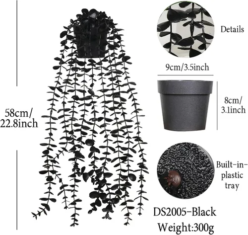 Vista 3 de Plantas colgantes artificiales negras en maceta, paquete de 3 plantas falsas para pared, hogar, habitación, oficina, decoración de interiores
