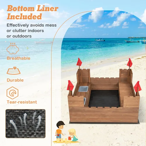 Vista 4 de HONEY JOY Caja de arena para niños, pozo de arena sin fondo de cedro para patio trasero, 4 banderas rojas y forro inferior, banco lateral y 2 cajas