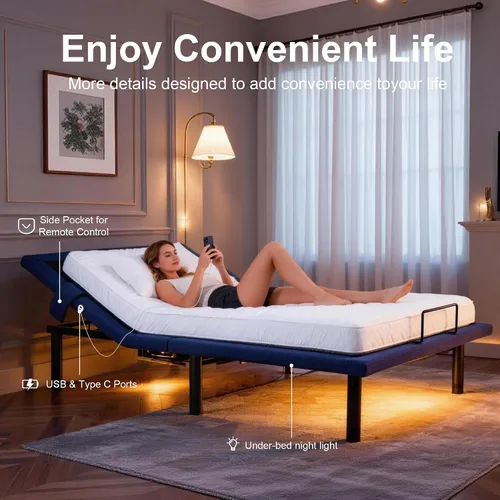 Vista 4 de Fromann Base de cama ajustable individual, base de cama ajustable con control remoto inalámbrico y puertos USB, gravedad cero, masaje, inclinación