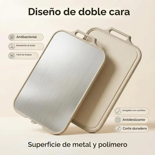 Vista 2 de Tabla de cortar de acero inoxidable para cocina, tablas de cortar grandes 2 en 1 de doble cara, tabla de cortar de acero inoxidable de grado