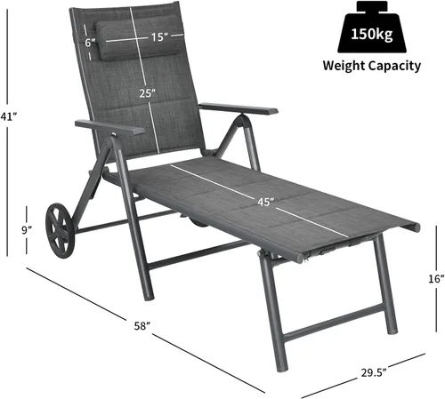 Vista 3 de RELAX4LIFE Tumbona para patio con ruedas – Silla reclinable plegable acolchada con almohada extraíble, respaldo ajustable, sillas de playa