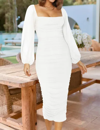 Vista 7 de ZESICA Vestido midi sexy y fruncido para mujer 2024, manga larga, cuello cuadrado, espalda descubierta, cóctel, fiesta, boda