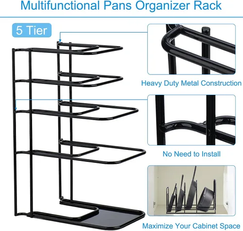 Vista 8 de Toplife Estante organizador de más de 7 tapas de olla + estante organizador resistente de 5 niveles para sartenes de hierro fundido, planchas y ollas