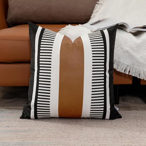 Vista 2 de Funda de Almohada Euro de Rayas Estilo Granja 26x26 Funda de Cojín de Acento Grande Cuero Sintético Blanco y Negro Funda de Almohada Decorativa