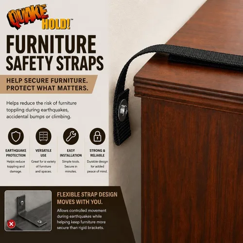Vista 2 de Quakehold! Kit de correas para muebles, sujetadores para terremotos para preparación ante desastres, correas de seguridad a prueba de niños para RV