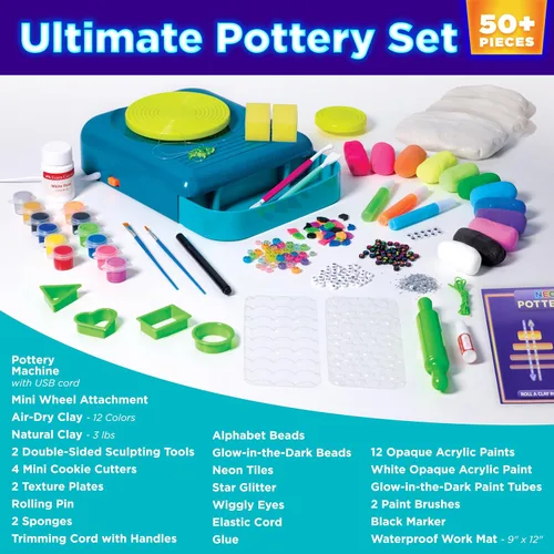 Vista 3 de Faber-Castell Neon Glow Pottery Studio: crea tus propios diseños de cerámica con rueda de cerámica alimentada por USB, arcilla seca al aire