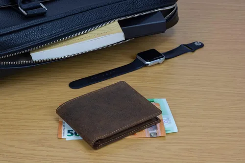 Vista 2 de Billetera de cuero delgada para hombre con bolsillo plegable y tecnología de bloqueo RFID, Marrón cazador oscuro