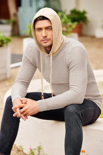Vista 2 de COOFANDY Sudadera con capucha de punto para hombre, estilo hipster, casual, manga larga, suéter tipo polo ajustado