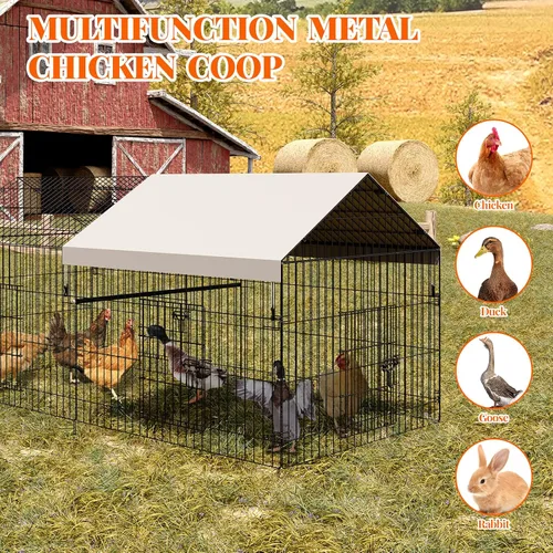 Vista 7 de Gallinero de metal, corralito de pollo para patio con cubierta, jaula portátil de metal para exteriores con 4 puertas y 1 ventana para gallina