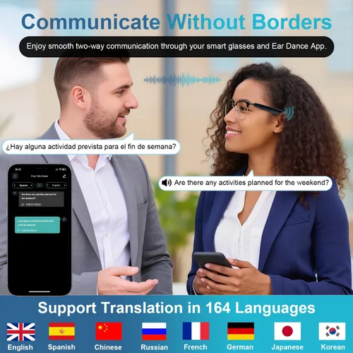 Vista 6 de Gafas inteligentes AI, gafas de audio Bluetooth con traductor en tiempo real para 164 idiomas, sin suscripción para la aplicación, lentes Dorado