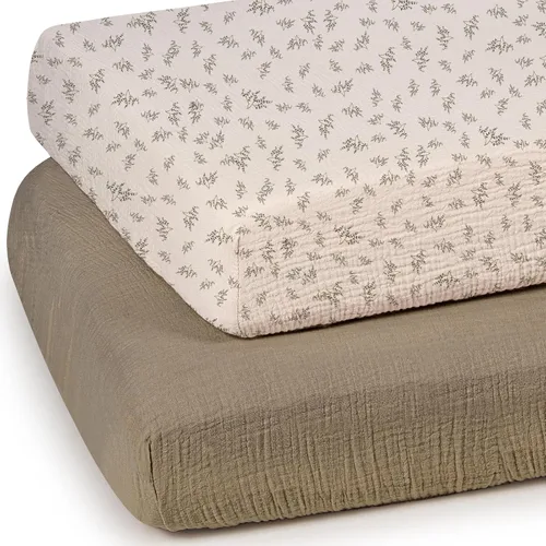 Vista 14 de Sábanas de cuna de muselina lulumoon para bebé: Sábanas ajustadas y transpirables para cuna de niños - Hojas de hoja de árbol verde para cuna
