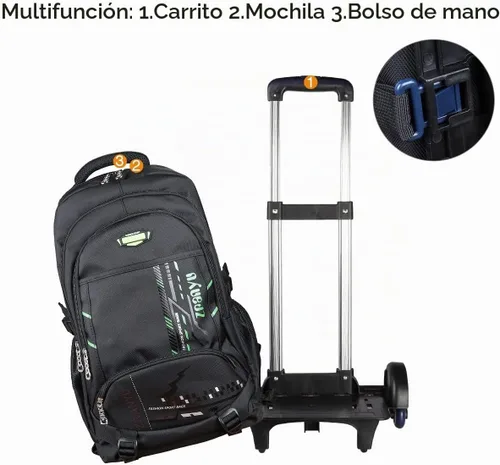 Vista 4 de Mochila con ruedas para niños y niñas, Verde, Equipaje, mochila, bolso