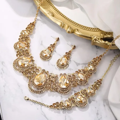 Vista 3 de BriLove Conjunto de collar y aretes con forma de lágrima de cristal para mujer