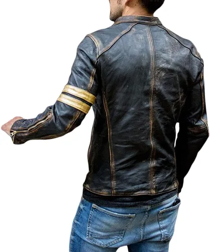 Vista 4 de Chaqueta de cuero negro para hombre - Vintage Biker Cafe Racer Real Lambskin Negro Chaquetas de motocicleta para hombre