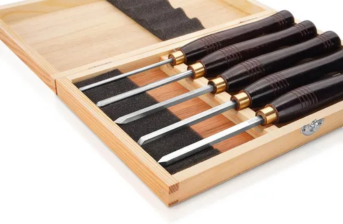Vista 2 de Herramientas de torneado de madera HSS Juego de 5 cinceles de torno de madera Mini con caja de madera, ideal para torneado de bolígrafos y pequeños