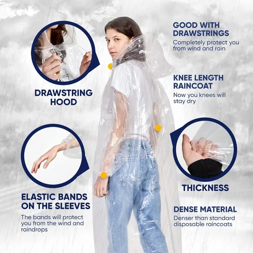 Vista 4 de Magnitudo 5 ponchos de lluvia para adultos Impermeable desechable grueso transparente impermeable con capucha y mangas elásticas para hombres