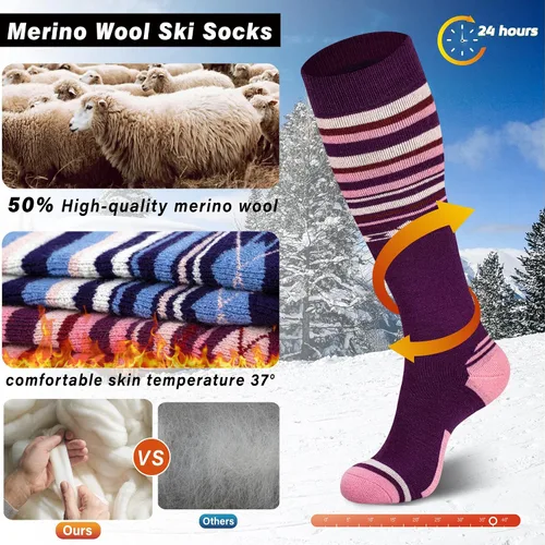 Vista 2 de Calcetines de esquí de lana merina, térmicos, hasta la rodilla, para invierno, snowboard, deportes para hombres y mujeres