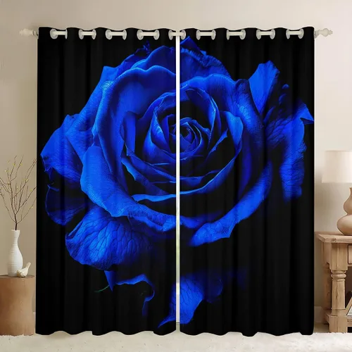 Vista 2 de Cortinas de ventana para el día de San Valentín para dormitorio, sala de estar, estampado 3D, cortinas florales de rosas azules para niños y niñas