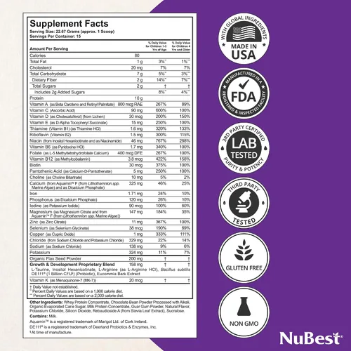 Vista 5 de NuBest Alto polvo de proteína para niños y adolescentes - Proteína de suero en polvo - Batido de proteína de chocolate en polvo con probióticos