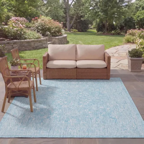 Vista 97 de SAFAVIEH Alfombra lavable al aire libre, colección Courtyard - 2'3" x 5', azul aguamarina y gris, no desprende pelusa y fácil limpieza, ideal