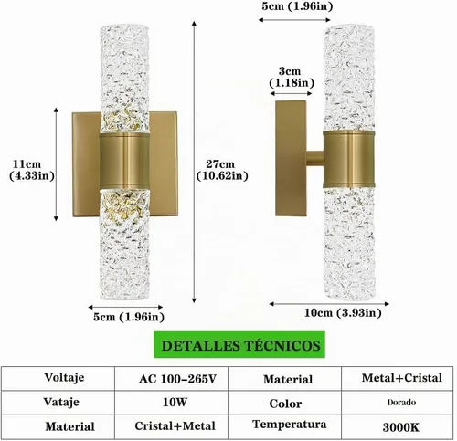 Vista 3 de Juego de 2 apliques de pared LED de cristal, lámparas de baño de oro cepillado, modernas luces de baño con LED con cable para dormitorio, sala