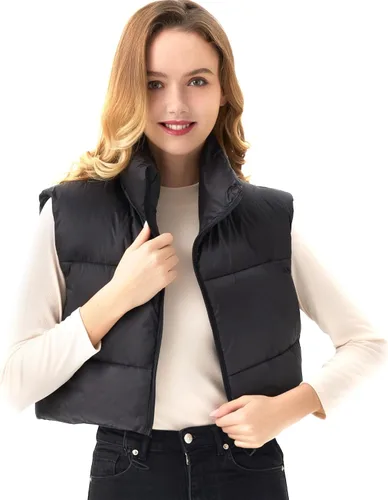 Vista 4 de Chaleco acolchado recortado para mujer, ligero, sin mangas, cálido, para invierno, con cuello alto, acolchado