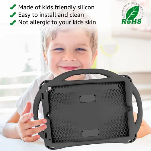 Vista 3 de TopEsct Funda infantil para iPad de 10.2 pulgadas, funda de silicona a prueba de golpes con protector de pantalla de vidrio templado y correa, Negro