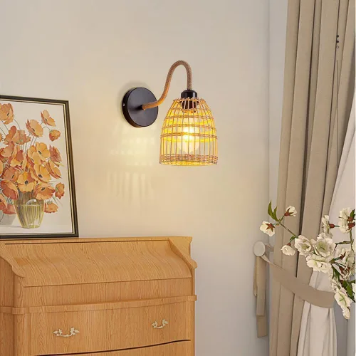 Vista 2 de Aplique de pared de ratán hecho a mano, lámpara de mimbre estilo granja, luz vintage, retro, negro, E26 E27, accesorio de iluminación para sala