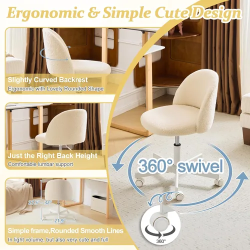 Vista 4 de VINGLI Silla Candy sin Brazos, Linda Silla de Escritorio, Cómoda Silla Pequeña de Oficina con Ruedas, Silla de Tocador con Soporte Lumbar, Silla