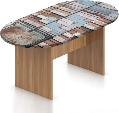 Vista 24 de Mantel ovalado ajustable de madera de poliéster elástico, tablones de pared de madera dura de teca estilo cabaña, mantel ajustable con estampado