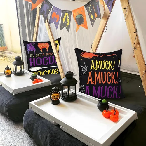 Vista 5 de 4 fundas de almohada de Halloween de Hocus Pocus, 18 x 18: Sanderson Sisters para decoración del hogar, fundas de cojín decorativas para sofá