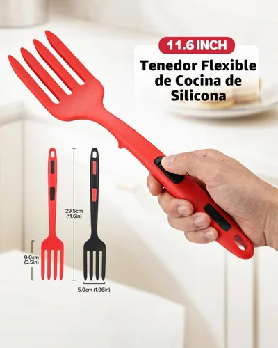 Vista 8 de Tenedor de cocina flexible de silicona, 11.6 pulgadas, resistente al calor, grande antiadherente, puré de alimentos, batidor de huevos (BR)