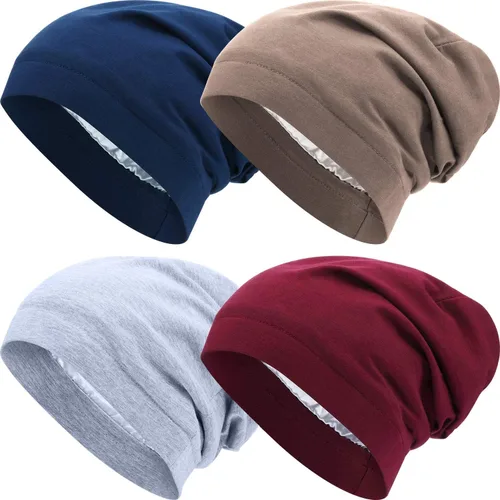 Vista 29 de 4 Pieces Satin Lined Beanie Cap Satin Sleep Lined Hat Slouchy Beanie Hat Night Silk Hair Cap for Women Men
