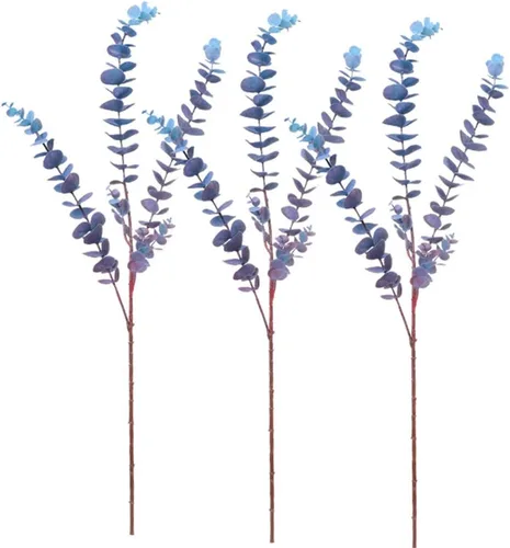 Vista 7 de 3 piezas de hojas de eucalipto artificiales de tacto suave de 31.5 pulgadas, tallos de vegetación de dólar de plata falsos para el hogar, boda Azul