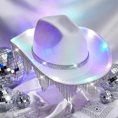 Vista 4 de Sombrero de vaquera con diamantes de imitación, sombrero de vaquero con flecos, sombrero occidental con purpurina para hombres y mujeres, disfraz