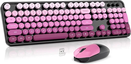 Vista 25 de MOWUX Combo de teclado y mouse inalámbricos, máquina de escribir de tamaño completo, teclado de computadora redondo retro, lindo mouse óptico, 2.4G