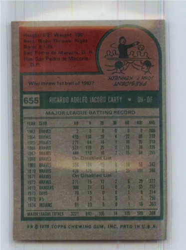 Vista 2 de 1975 Topps #655 Rico Carty EX++ Excellent++ Cleveland Indians Baseball
