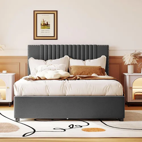 Vista 13 de Harper & Bright Designs - Base de cama de tamaño matrimonial con 2 cajones y cama corrediza individual, plataforma tapizada en el suelo con cabecera