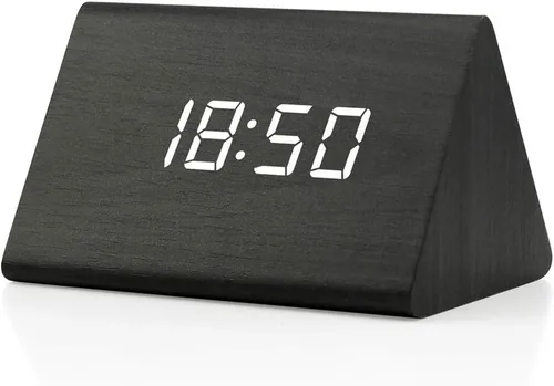 Vista 9 de Moderno reloj despertador con indicador de temperatura y calendario con diseño triangular de madera con luces led. Gearonic TM.