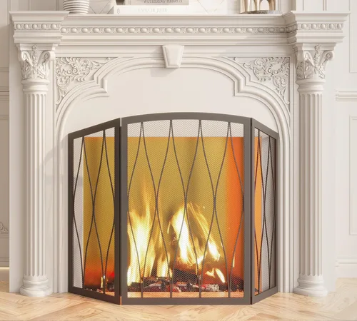 Vista 2 de Kingson - Pantalla de chimenea a prueba de niños de 3 paneles, de hierro forjado moderno, hecha a mano, plegable, de malla metálica, resistente