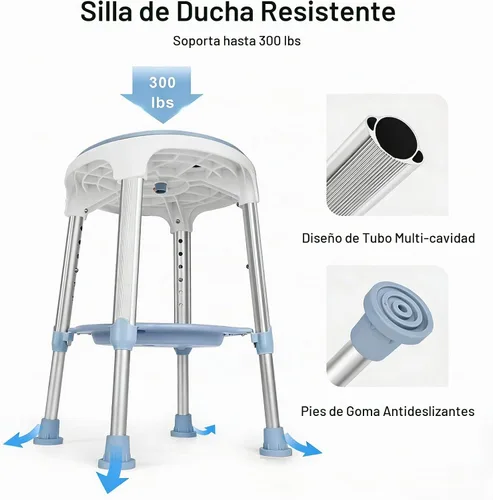 Vista 3 de Silla de ducha para ducha interior, taburete de ducha giratorio sin herramientas con bandeja de almacenamiento, silla de bañera ajustable y taburete