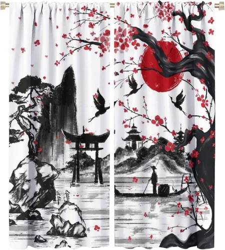 Vista 29 de Cortinas opacas con bolsillo para barra de arte asiático japonés para dormitorio, diseño de anime azul, océano, fantasía, cielo estrellado, Torii