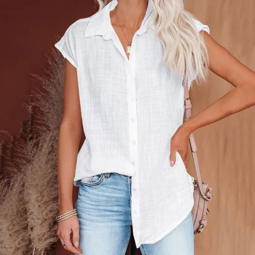 Vista 44 de Ceboyel Camisas para mujer de moda de verano, algodón, lino, manga corta, cuello con botones, blusa casual para mujer 2023